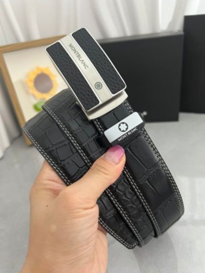 Buy Replica - Montblanc Black Leather Belt with  Logo Buckle Silver and Black Alternating Buckle 3.5cm